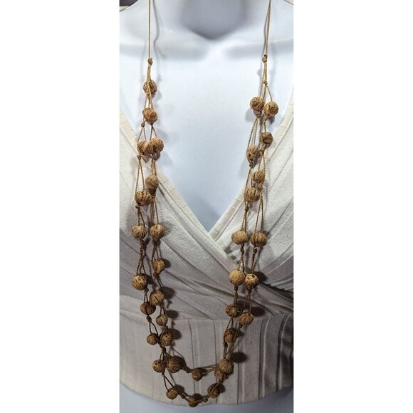Rustic Natural Seed And Twine Tan Beaded Multilayer Necklace - Picture 2 of 8